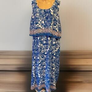 WESTPORT Women Sz 24 Maxi Dress Blue Floral Cottagecore Largenlook Stretch Waist